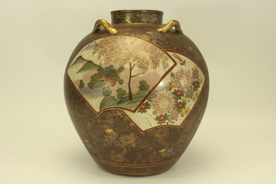 薩摩 連山 金彩 百花紋 四耳壷(A634)