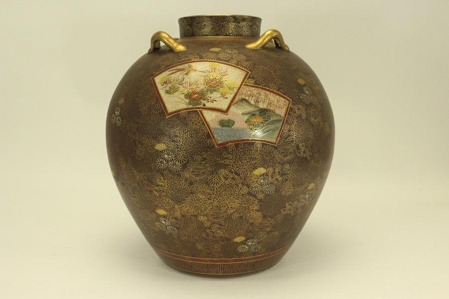 薩摩 連山 金彩 百花紋 四耳壷(A634)