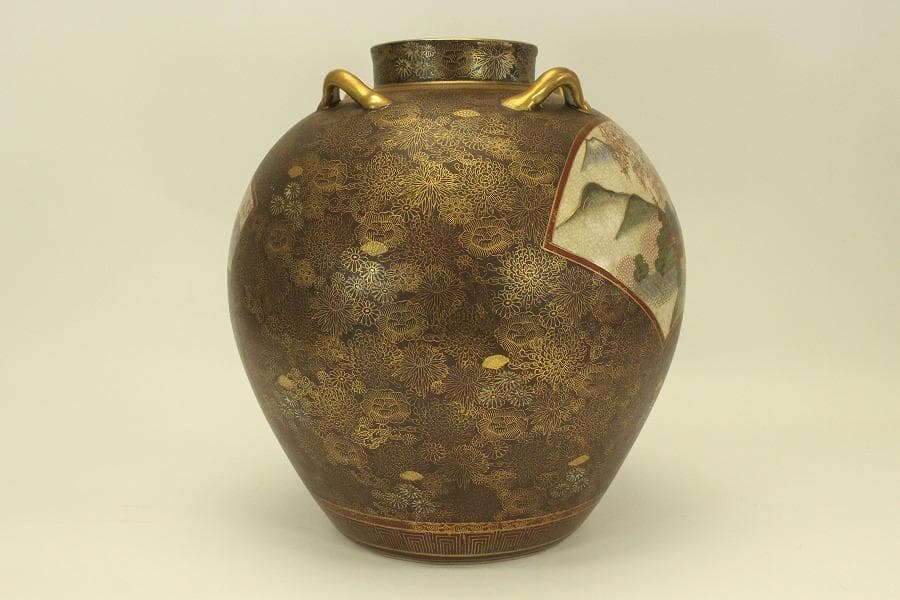 薩摩 連山 金彩 百花紋 四耳壷(A634)