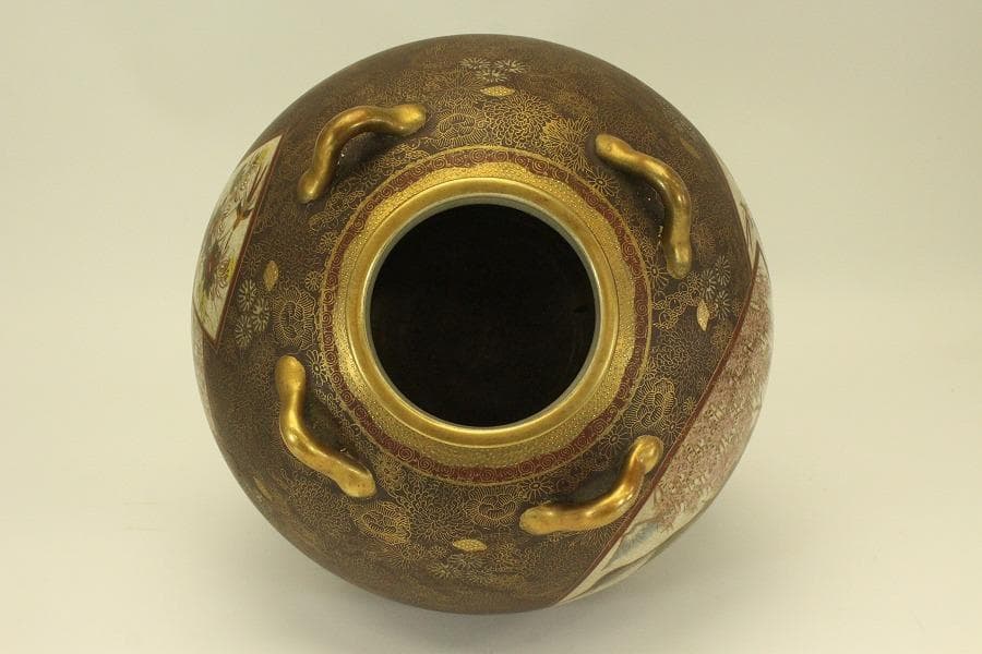 薩摩 連山 金彩 百花紋 四耳壷(A634)