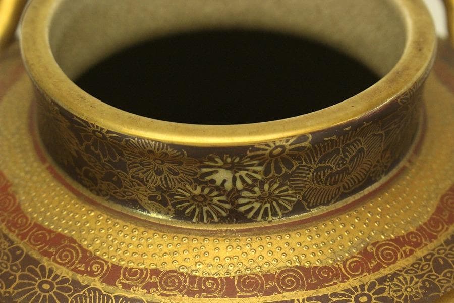 薩摩 連山 金彩 百花紋 四耳壷(A634)