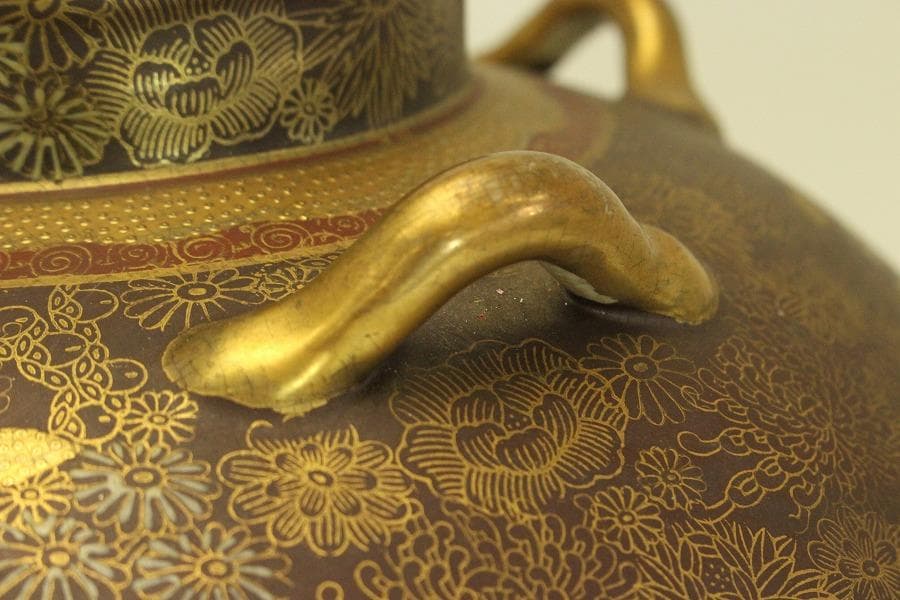 薩摩 連山 金彩 百花紋 四耳壷(A634)