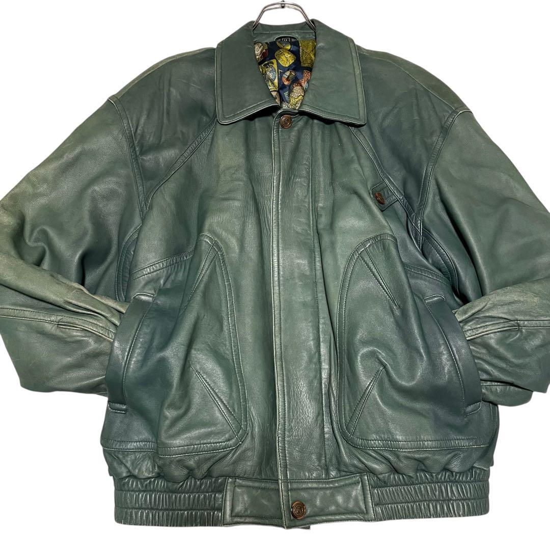 極希少【vintage】羊革ラムスキンシングルライダースジャケット グリーンXL
