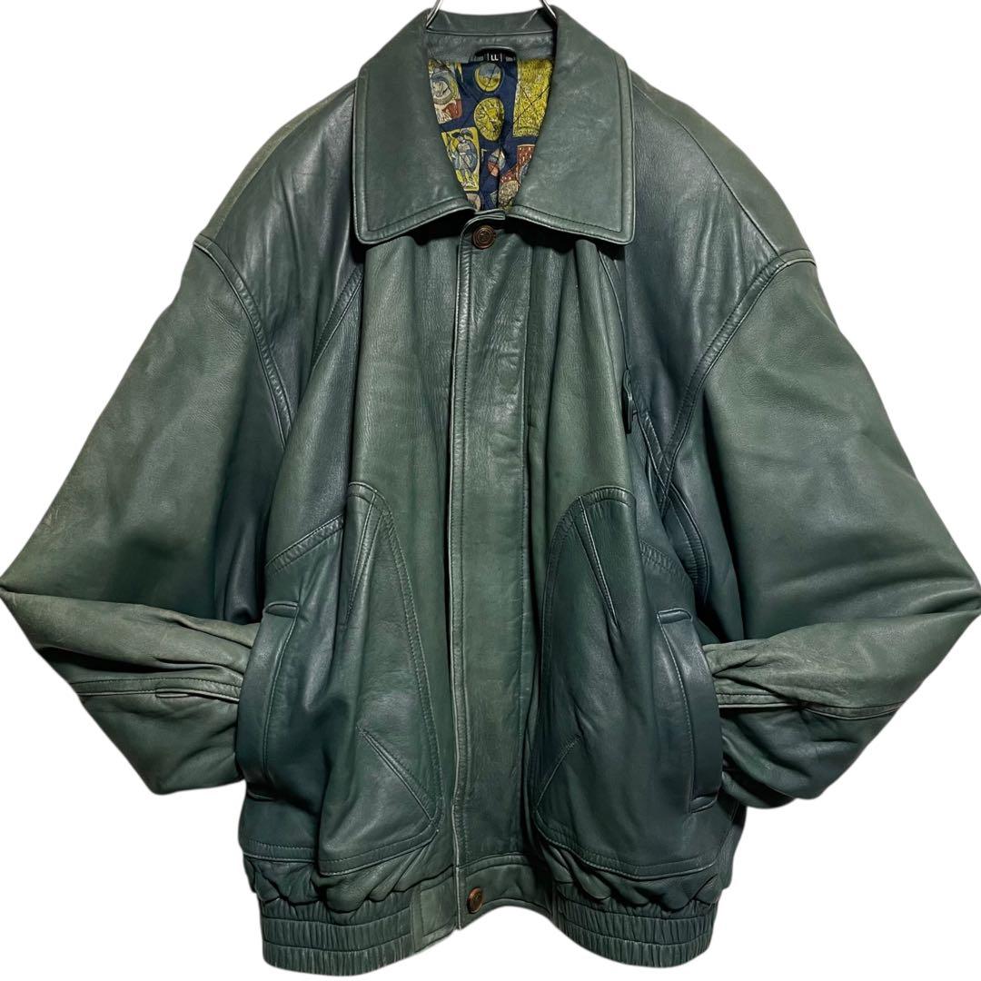 極希少【vintage】羊革ラムスキンシングルライダースジャケット グリーンXL
