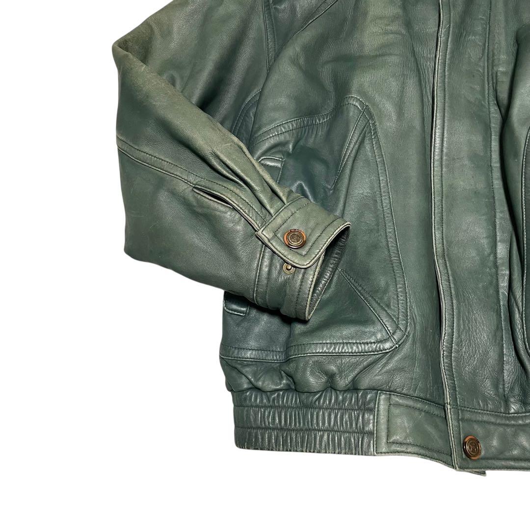 極希少【vintage】羊革ラムスキンシングルライダースジャケット グリーンXL