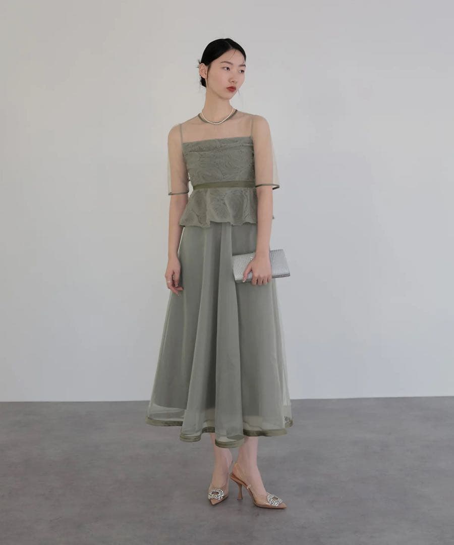 LEJA ローズペプラムビスチェAラインワンピースドレス グリーン