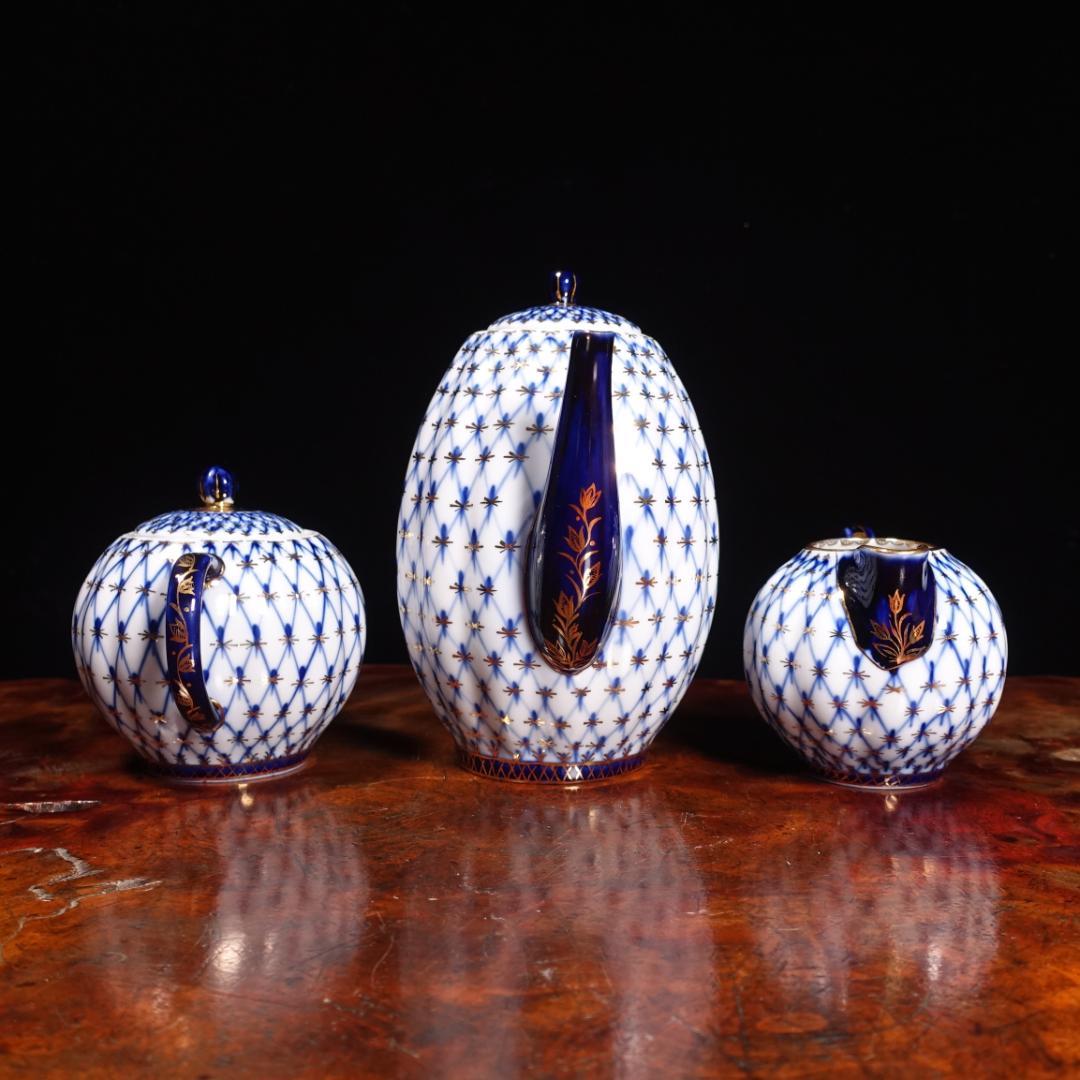 ロモノーソフ LOMONOSOV ソ連時代 コバルトネット トリオ ポットセット