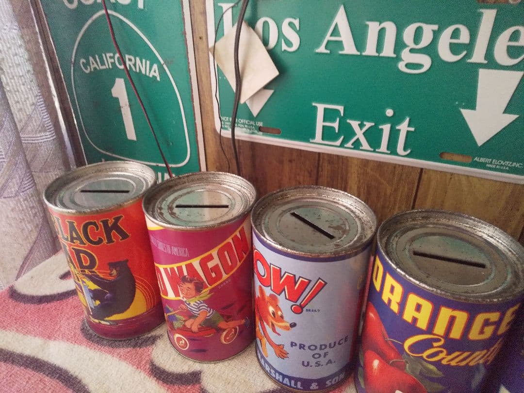 レトロ、アンティーク風 缶詰型の貯金箱7つセット スチール缶アメリカン雑貨