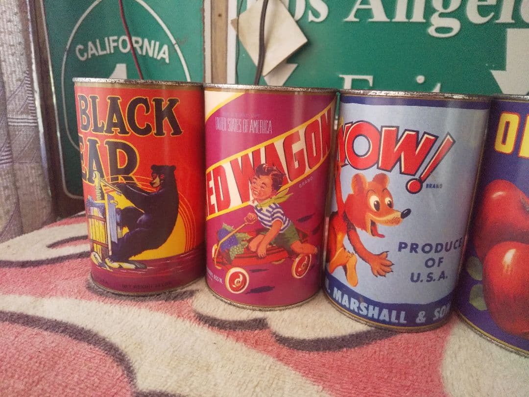 レトロ、アンティーク風 缶詰型の貯金箱7つセット スチール缶アメリカン雑貨