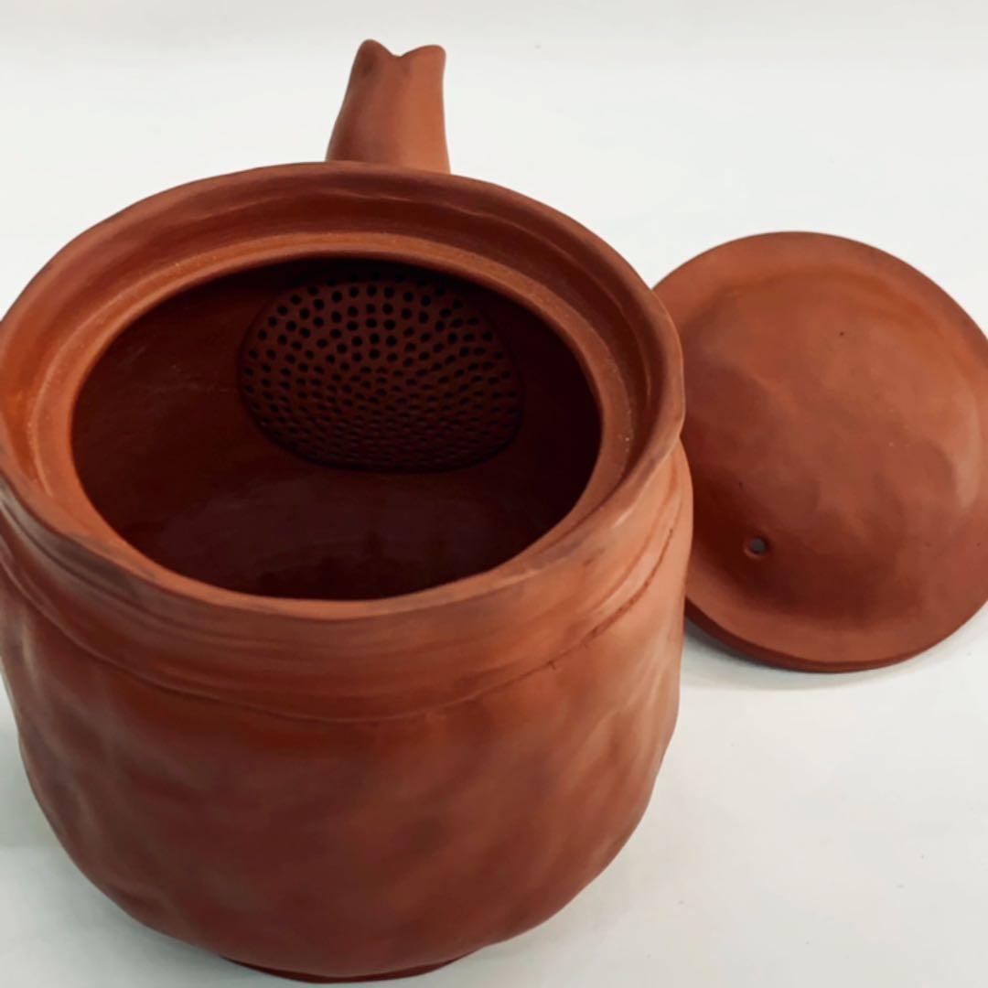 【茶注6手捻　朱泥　玉獅子】間野弥平　共箱