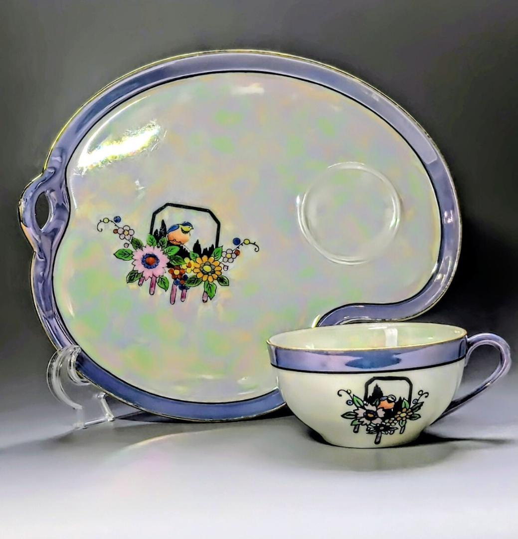 オールドノリタケ アールデコ期 虹ラスター彩 南国鳥と花絵柄の スナックセット