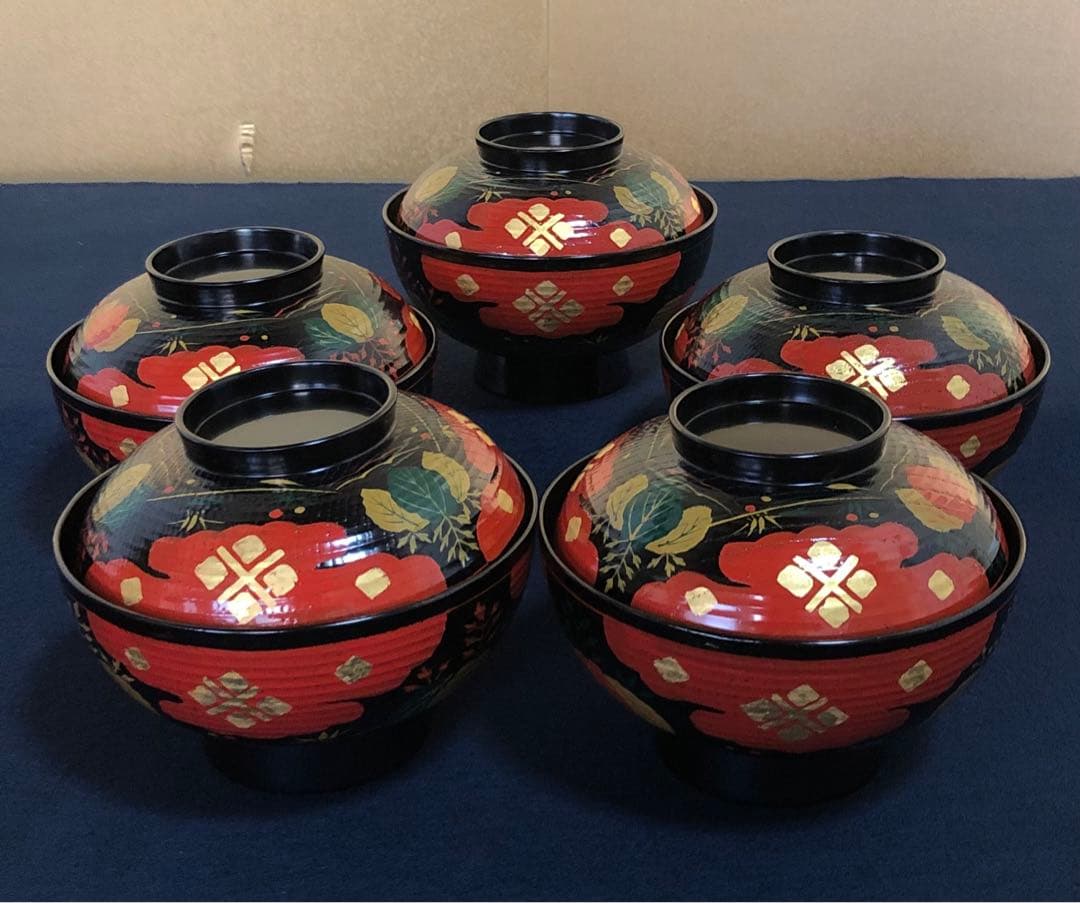 《レ》懐石 正法寺蒔絵 煮物椀5客 塗師 岡本陽斎 共箱 元箱 251125え6