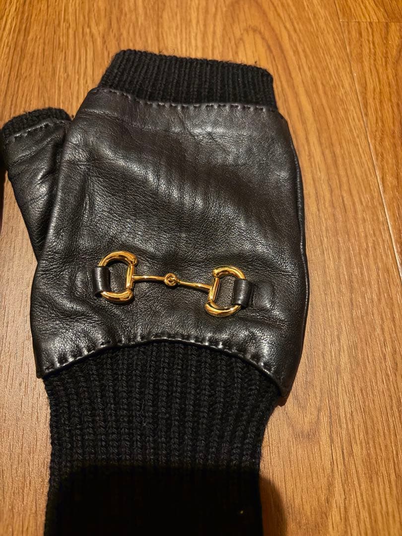 GUCCI レザー ニット 指なし手袋 黒
