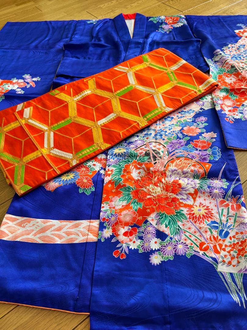 七五三　7歳　着物帯セット　正絹　レトロ　青色系