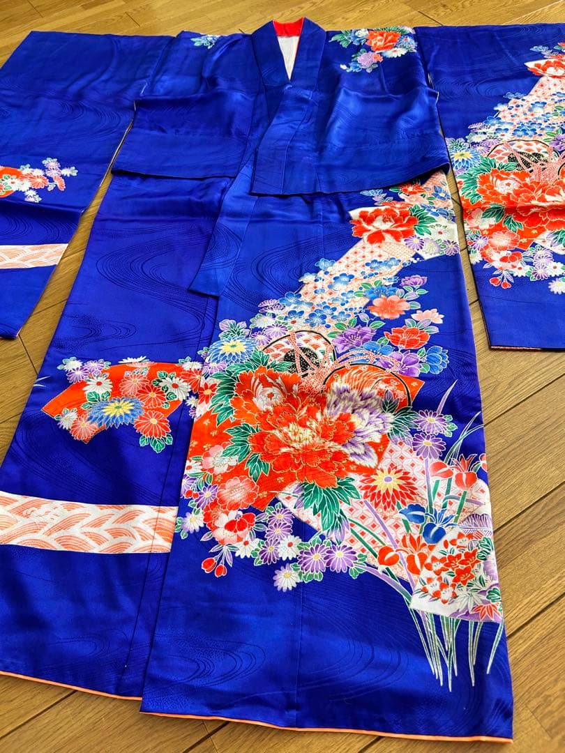 七五三　7歳　着物帯セット　正絹　レトロ　青色系