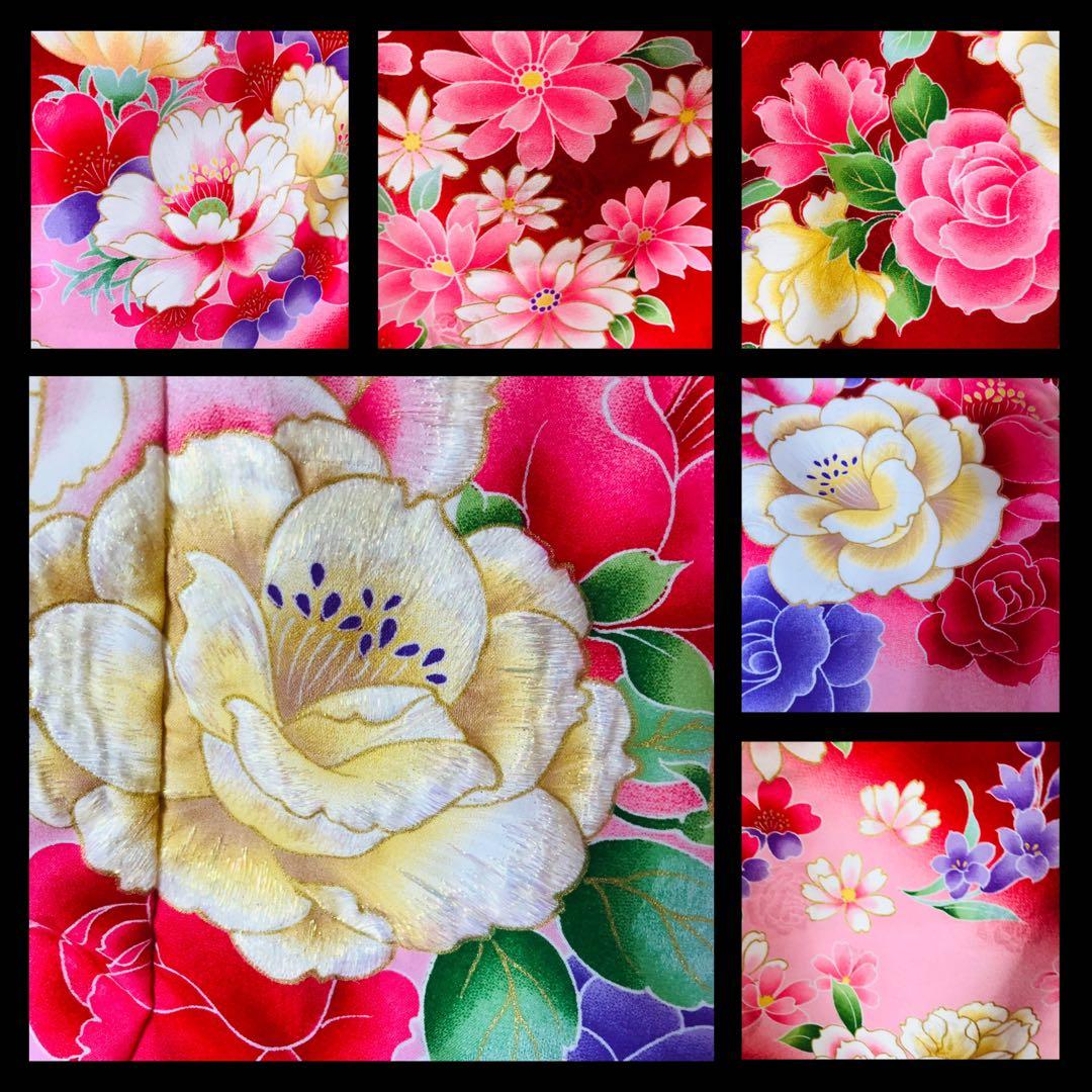 七五三七歳未使用着物‼️人気赤地暈し⭐︎薔薇金糸刺繍煌びやか際立つ⭐︎安心フルセット