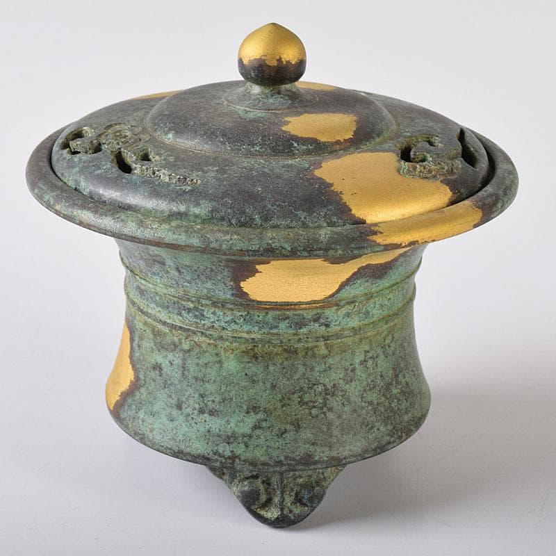 平安　秦蔵六造　塗金銅香炉　「瑞雲」　共箱　G　R8430