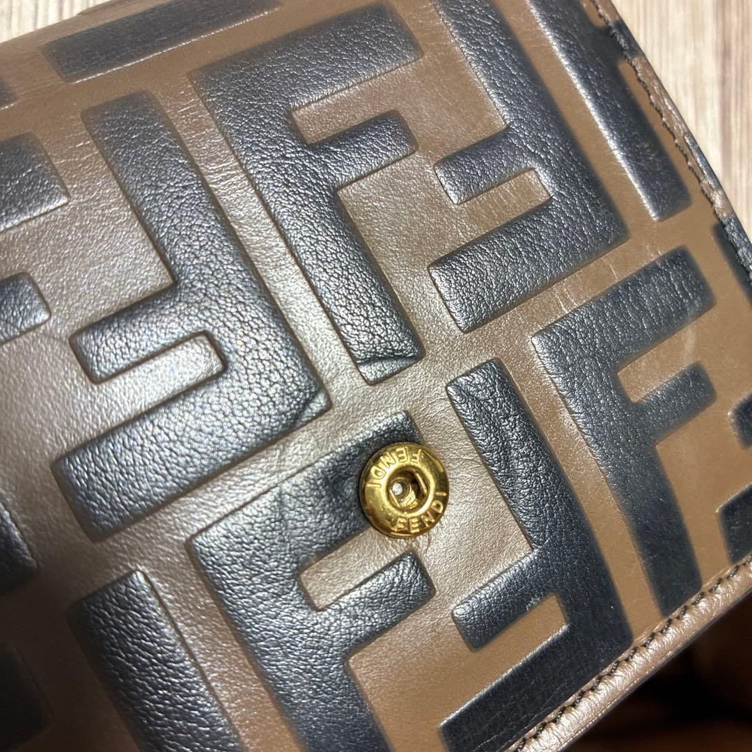 Fendi フェンディ　二つ折り財布 FFロゴ　ブラウン×ブルー　ゴールド金具