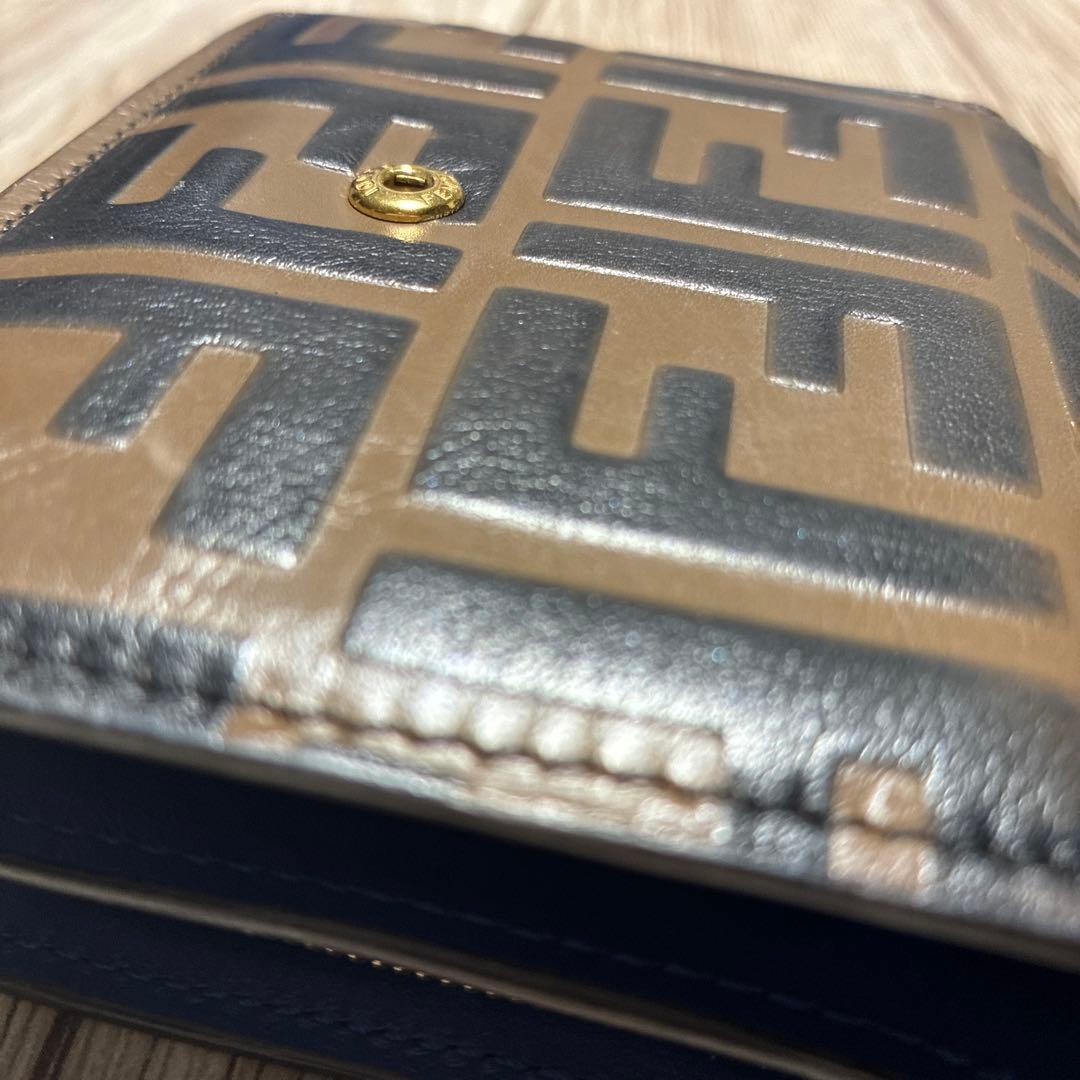 Fendi フェンディ　二つ折り財布 FFロゴ　ブラウン×ブルー　ゴールド金具