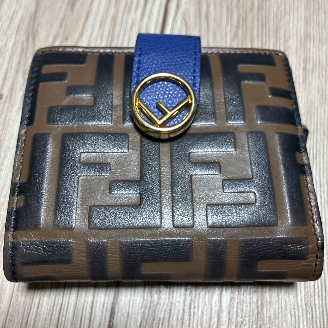 Fendi フェンディ　二つ折り財布 FFロゴ　ブラウン×ブルー　ゴールド金具