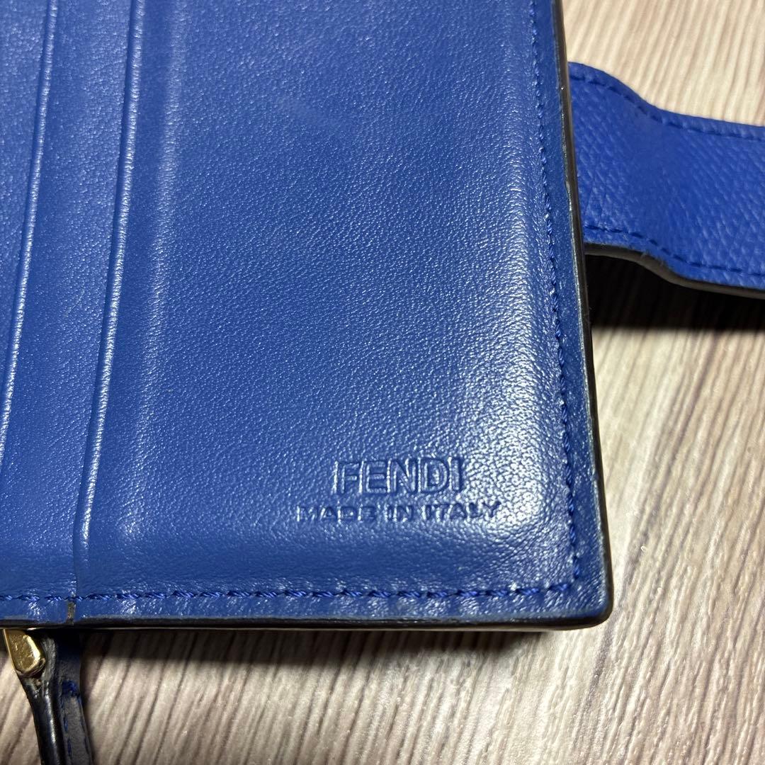Fendi フェンディ　二つ折り財布 FFロゴ　ブラウン×ブルー　ゴールド金具