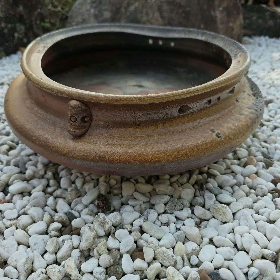 備前焼　藤原陶臣作　三点猫足/三つ足付　水盤　花器　花生