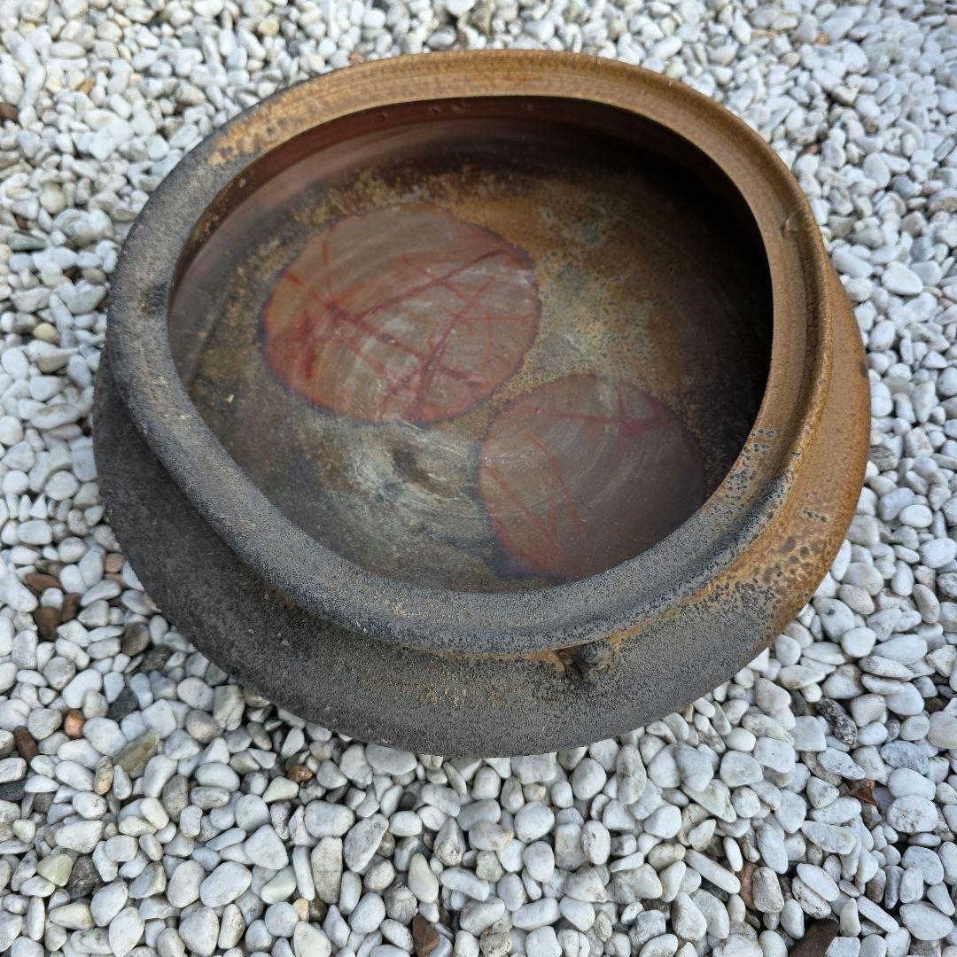 備前焼　藤原陶臣作　三点猫足/三つ足付　水盤　花器　花生