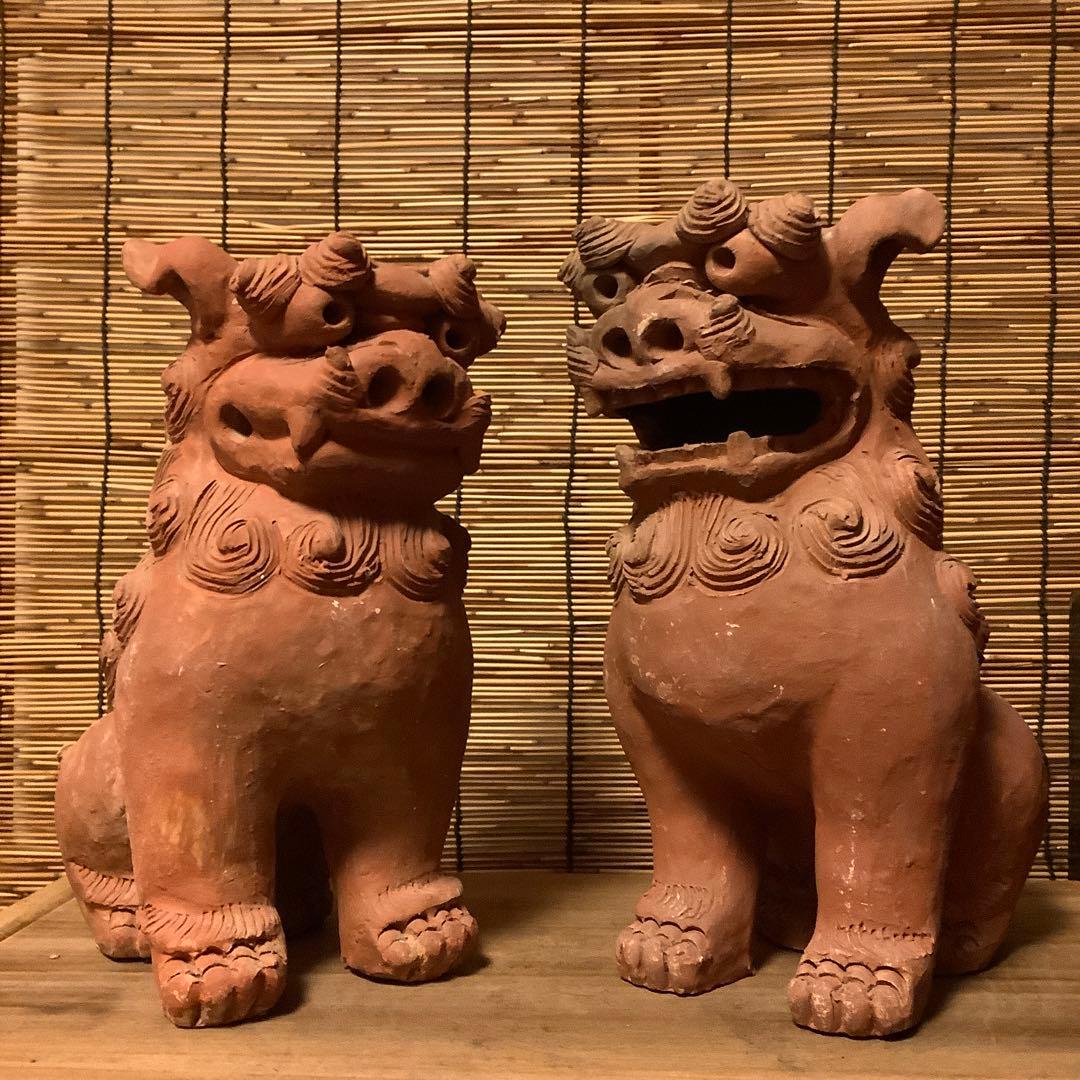 沖縄・名工「新垣榮用・壺屋焼シーサー」狛犬・榮用窯・荒焼・手ひねり・阿吽・銘刻印