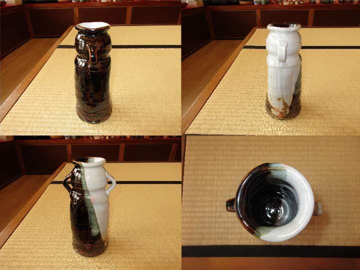 送料込【逢絢亭・新品】茶道具 花入 瀬戸焼 掛分 耳付 味舌隆司 紙箱入り