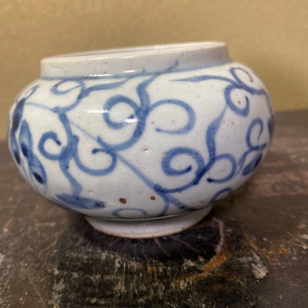 中国古玩　染付草花文水滴