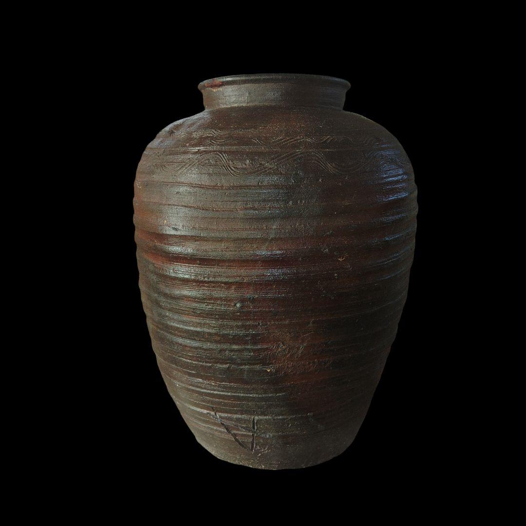 備前焼　櫛描波状文壺　窯記号　茶壺　花入れ