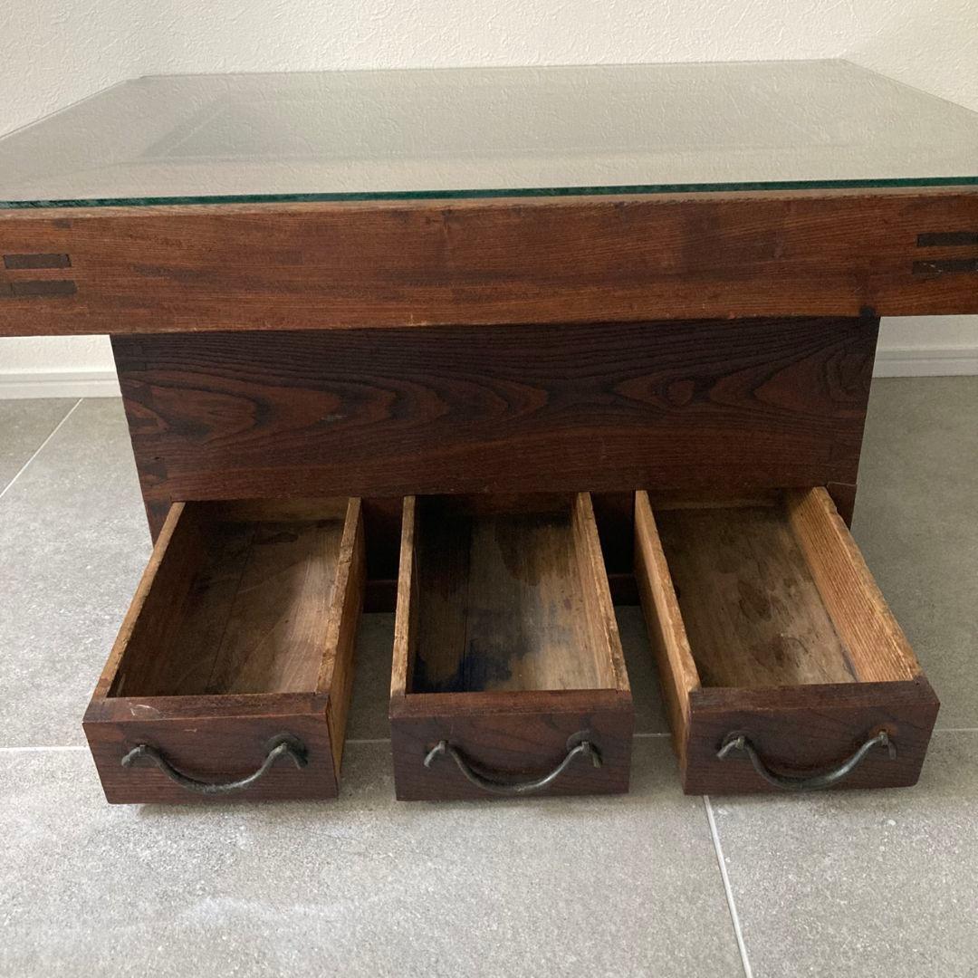 囲炉裏テーブル 時代家具 アンティーク古家具　侘び寂び ガラス 引き出し付