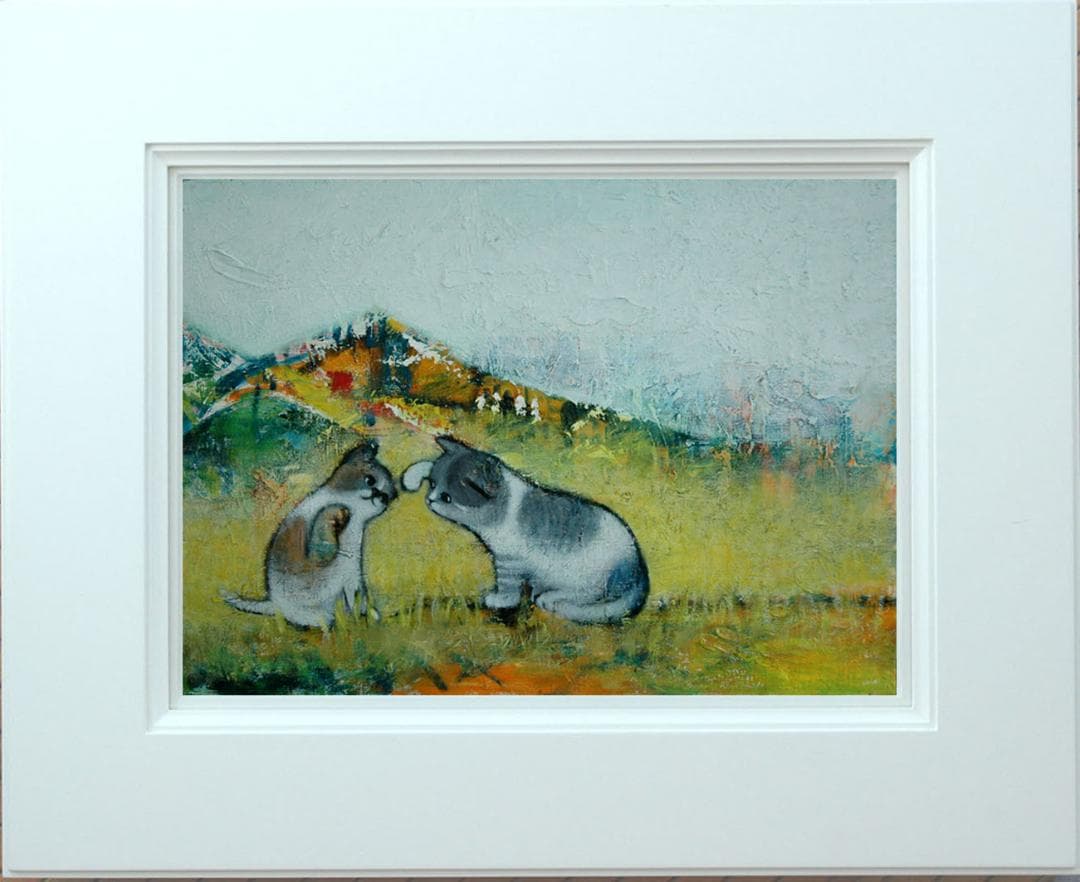 油絵 菅家令子 絵 絵画インテリア 額付(白) uF6-050520 可愛い子猫