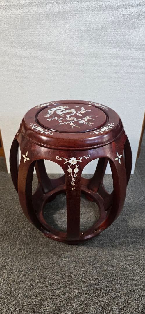 【美品】花梨 無垢 螺鈿細工スツール/椅子 飾り台/花台　太鼓型椅子