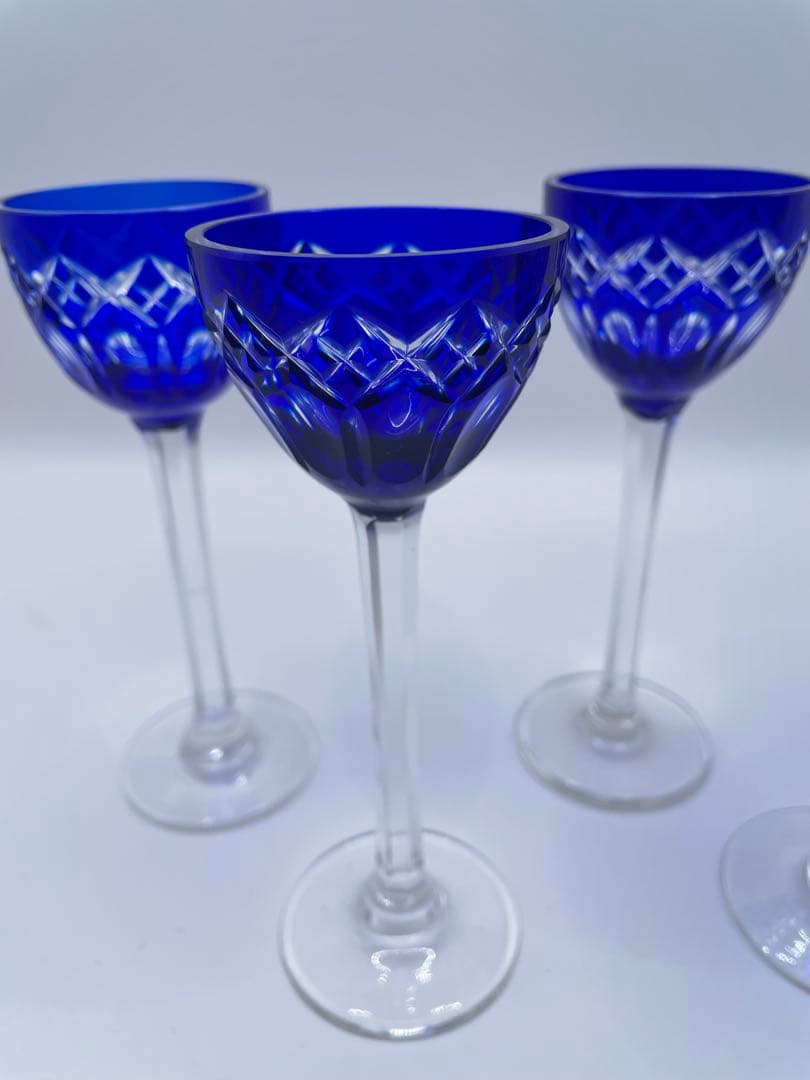 コバルトブルー カットガラス ワイングラス 4個セット