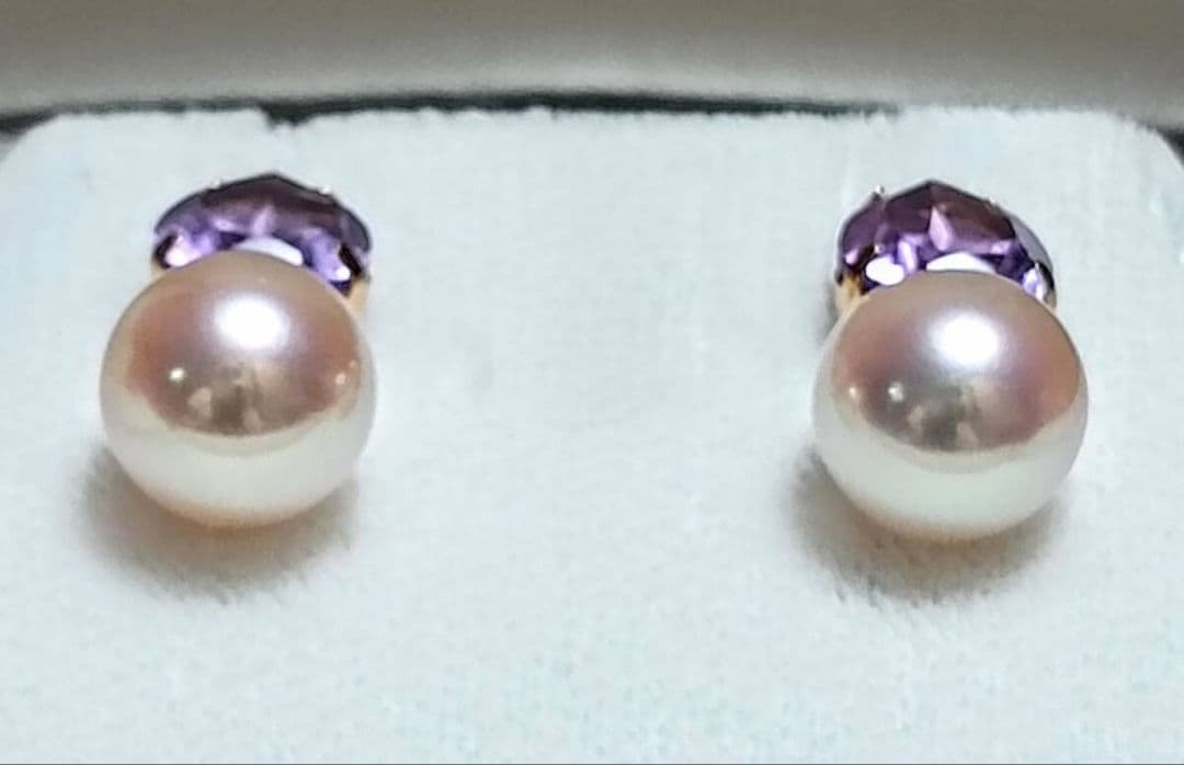 高級品　オーロラ花珠級あこや本真珠　ピアス　テリテリ　アメジストK18　可愛い