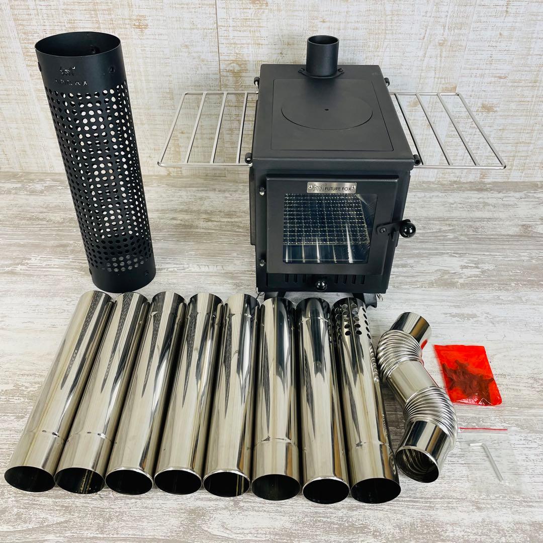 【極美品】FUTURE FOX 薪ストーブ　3面ガラス折りたたみ式　煙突ガード付