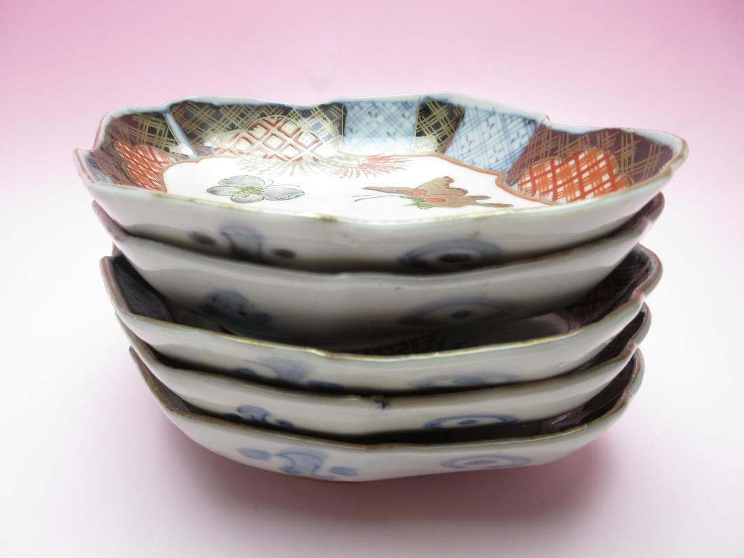 時代 色絵 菱形 蝶紋 刺身皿 向付 5客 アンティーク 古伊万里 70506