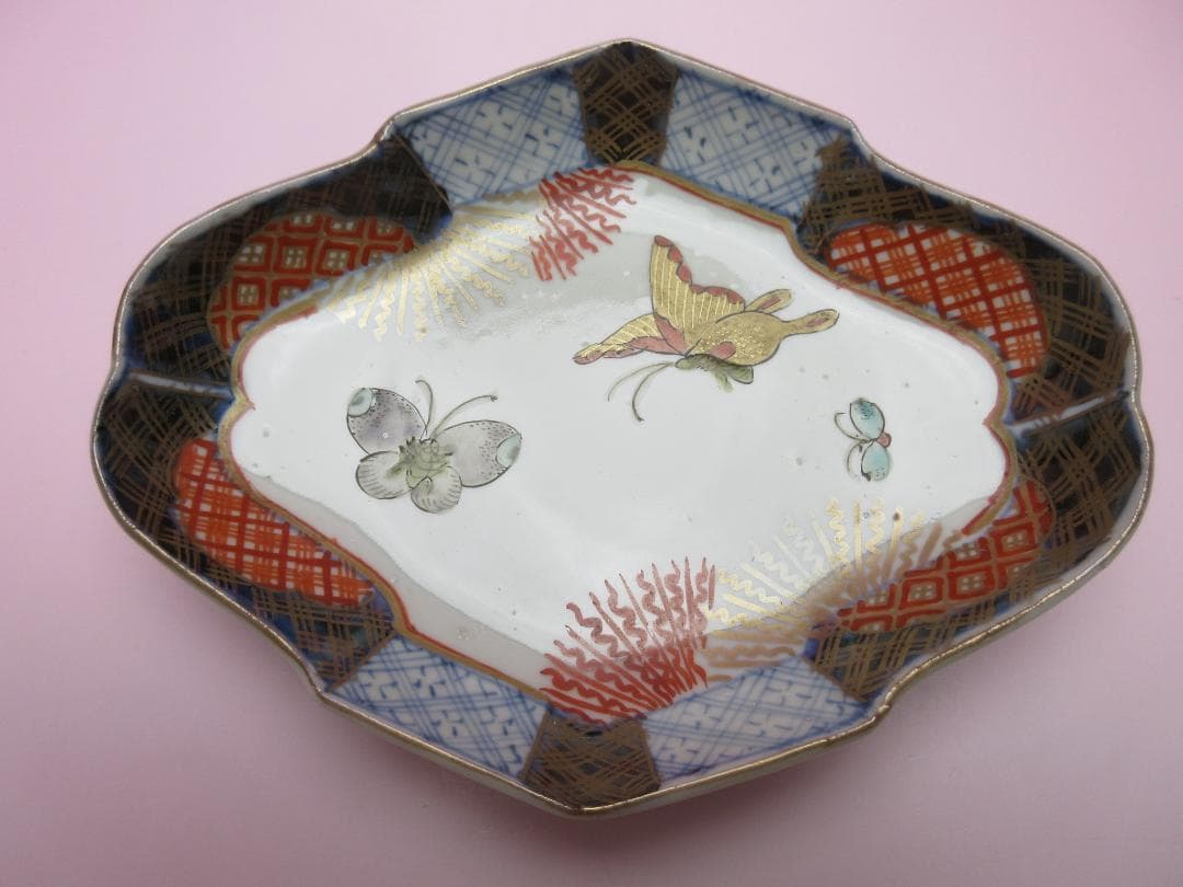 時代 色絵 菱形 蝶紋 刺身皿 向付 5客 アンティーク 古伊万里 70506