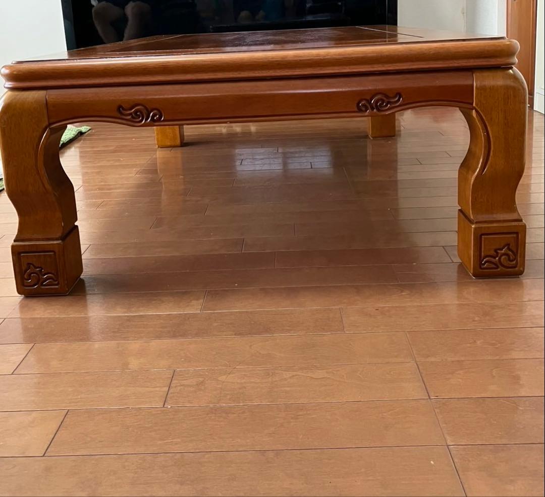 値下げ可○木製 ダークブラウン こたつテーブル 彫刻入り
