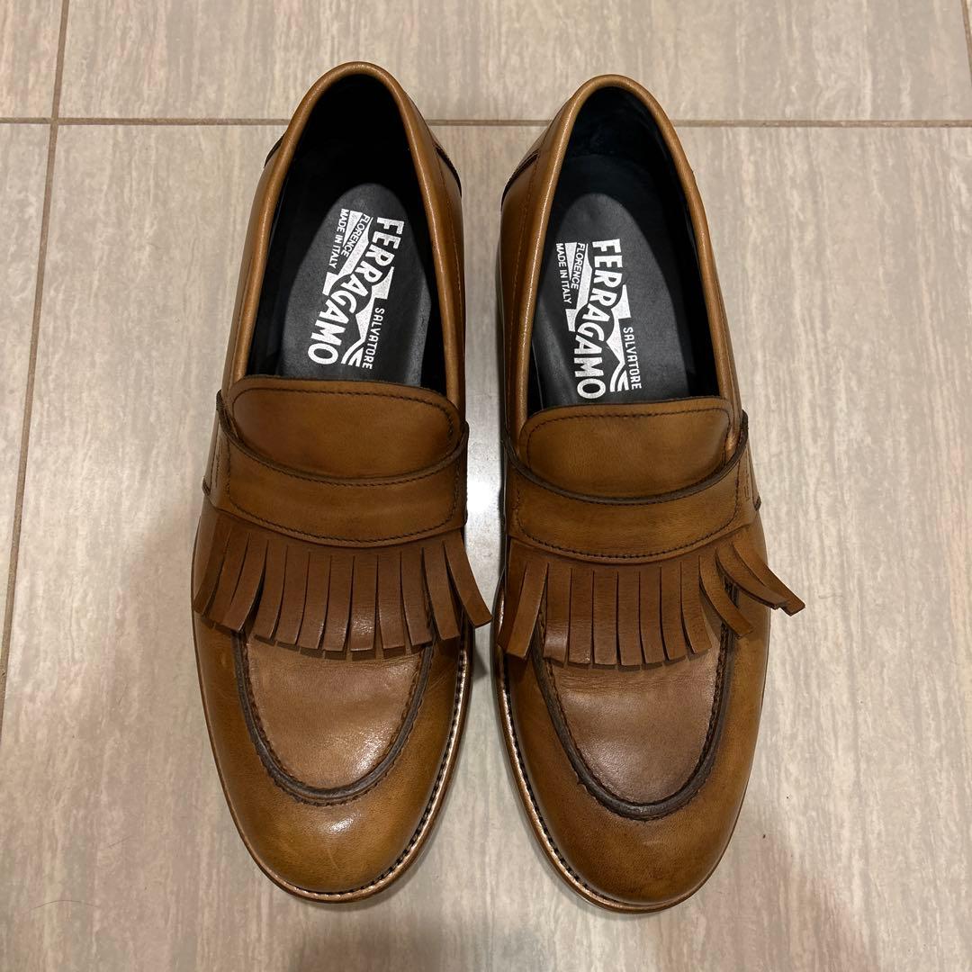FERRAGAMO フェラガモ ブラウンレザー フリンジローファー UK7 2E
