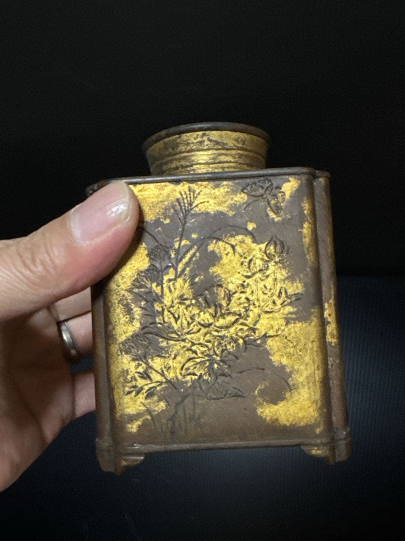極上 平安 金星堂 造 古銅製 鍍金草華紋 四方型 茶壷 茶入 桐箱付