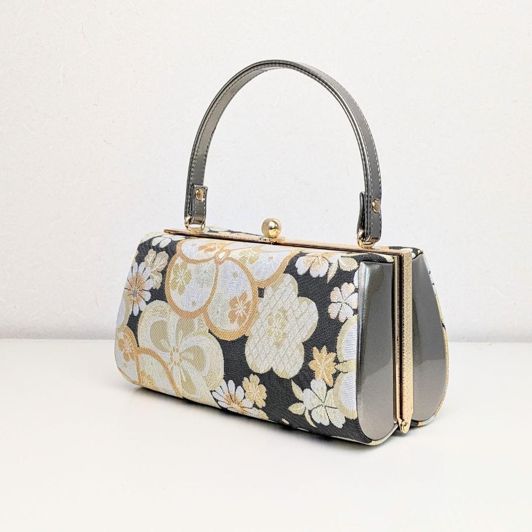 和装 草履 バッグ セット 帯地 梅 黒 金 ブラック フリーサイズ w5-8