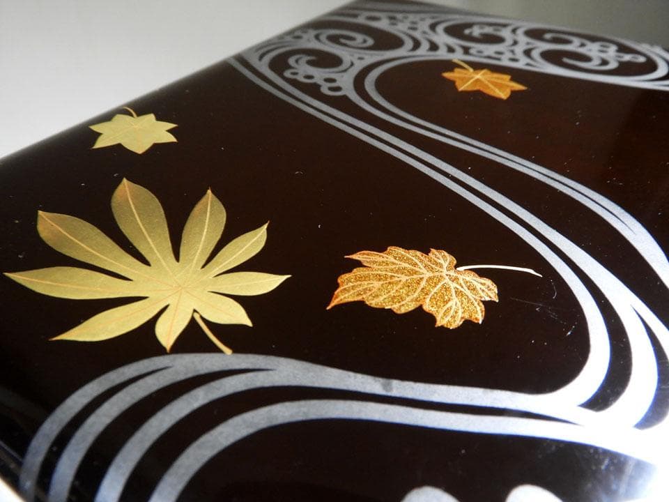 ●五段重 重箱 流水紅葉楓蒔絵 時代 木製漆器 美品 明治 箱付 高さ38㎝