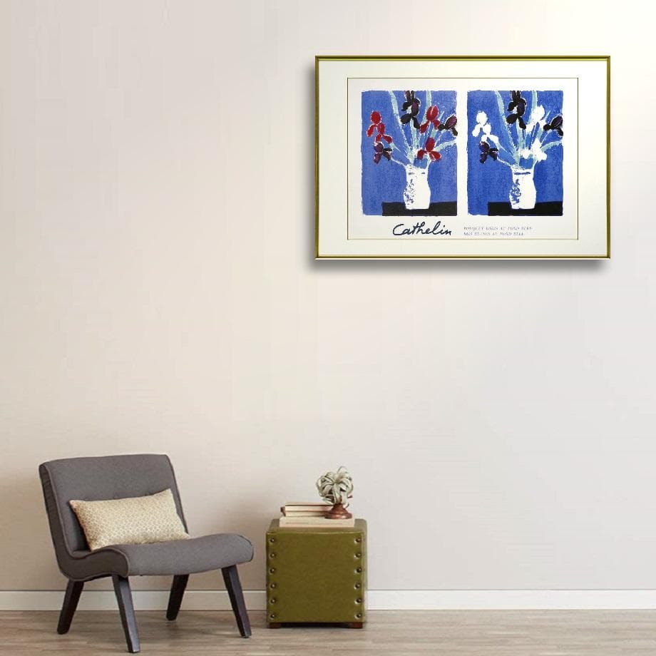 ◆ベルナール・カトラン 『青い背景のアイリス』 額装オフセットリトグラフ