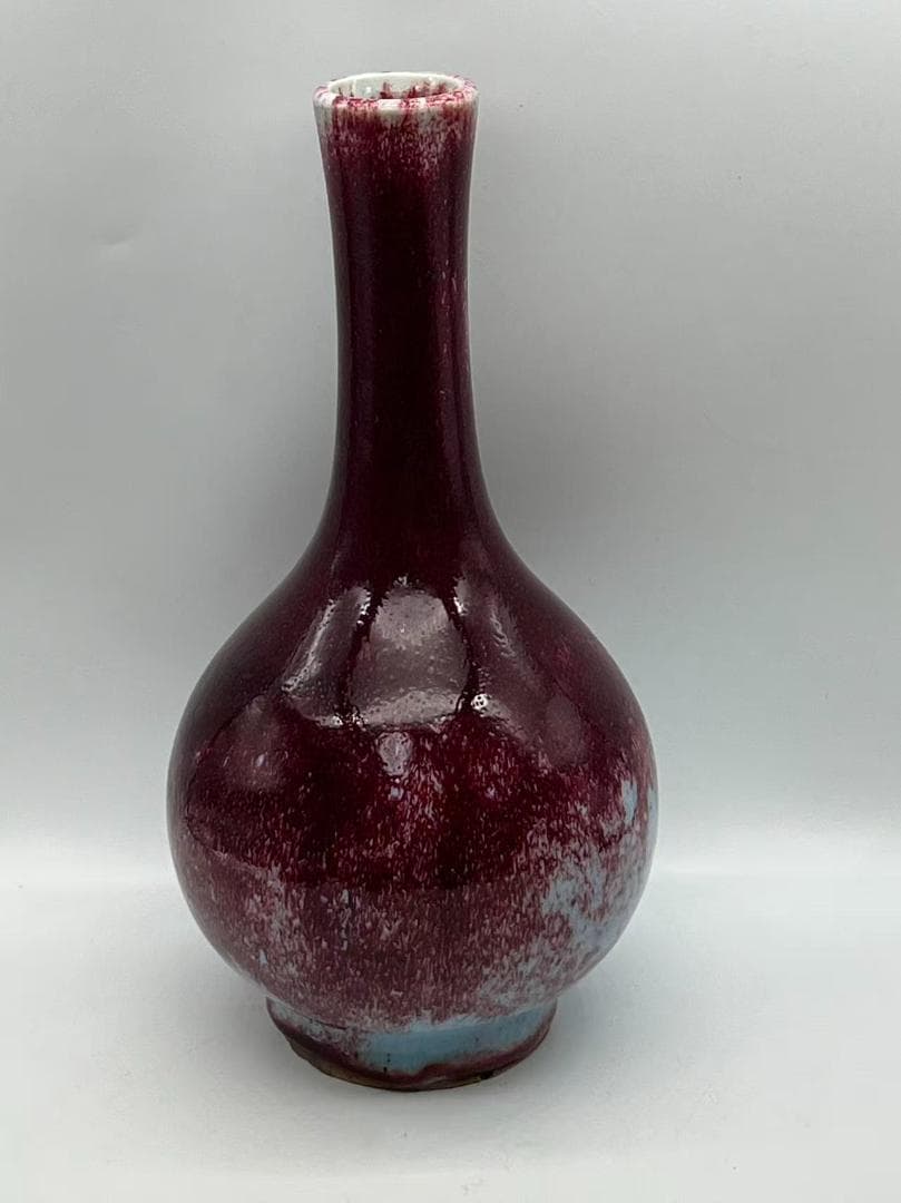 新中国八九十年代 天青釉紫斑長頸小瓶　「禹県鈞窯二場」銘入り(B-87)