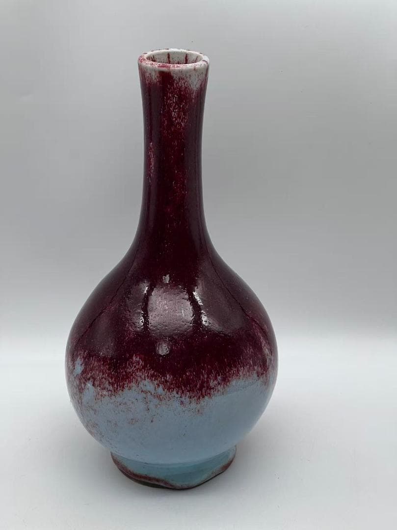 新中国八九十年代 天青釉紫斑長頸小瓶　「禹県鈞窯二場」銘入り(B-87)
