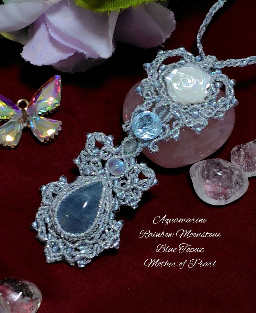 ☆アクアマリン　ブルートパーズ　レインボームーンストーンマクラメネックレス