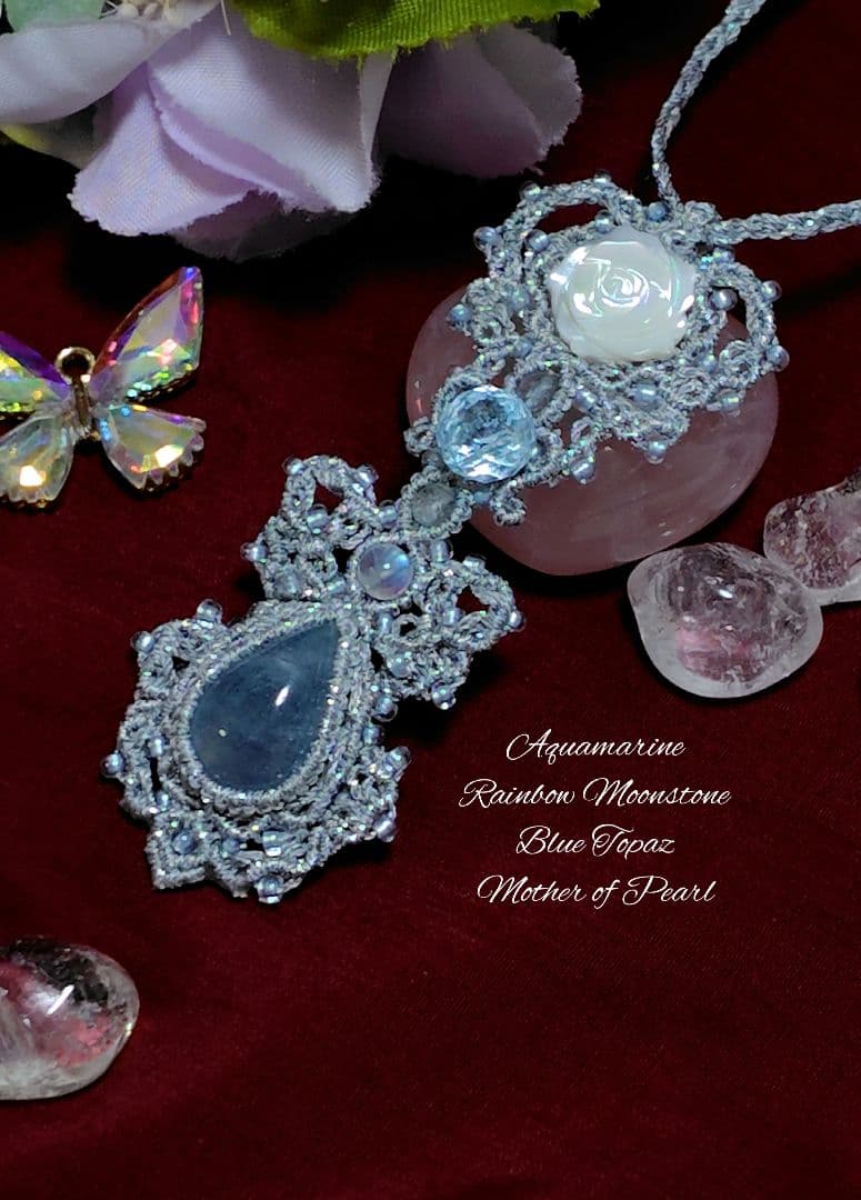 ☆アクアマリン　ブルートパーズ　レインボームーンストーンマクラメネックレス