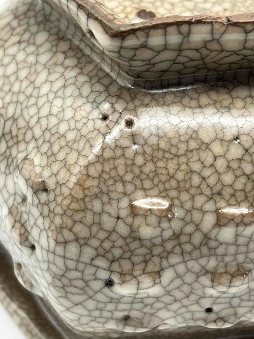 宋時代　青磁　汝官窯 氷裂紋 支釘焼き 双螭龍耳 鼓釘六方香炉(C-61)